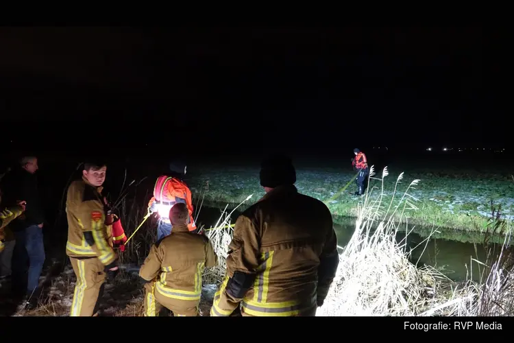 Hondje zwemt ijskoude sloot over en wordt door brandweer van weiland gered